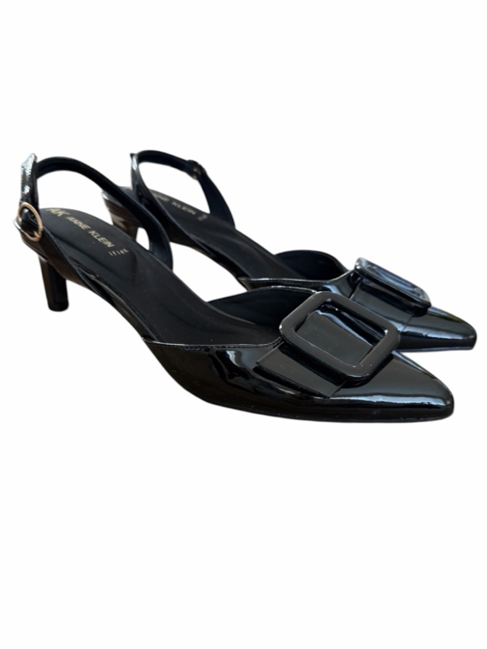 Anne‎ Klein Black Patent Slingback Pointed Toe Heels with Buckle Accent